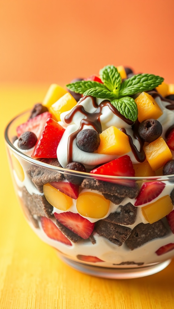 A vibrant bowl of cookie salad with crushed cookies, fruits, and whipped cream, drizzled with chocolate syrup.